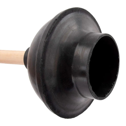 Heavy Duty Rubber Toilet Plunger With Solid Wooden Handle For Bathroom Sink Drains And Tub Clogs showing rubber cup and wooden handle