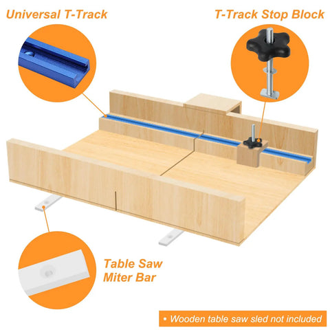 Crosscut Table Saw Sled Kit With Aluminum T Tracks And UHMW Miter Bars, 21 Piece Set showcasing T-track and stop block