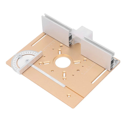 Pro Grade Router Table System With Aluminum Alloy Lift And Laser Etched Graduation Scale Insert Plate For 0 To 47mm Lift Range, gold aluminum plate with scale and slots.
