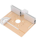 Top Shelf Aluminum Alloy Router Lift Table With Heavy Duty Stainless Steel Hardware And Hella Smooth 47 Millimeter Height Adjustments Built For Woodworkers Demanding Dead On Precision Cuts Daily, showing router plate with gauge.