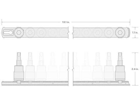 Technical diagram of Three Eighths Inch Drive Hex Bit Socket Set With Rail Eight Piece From One Eighth To Three Eighths Inches