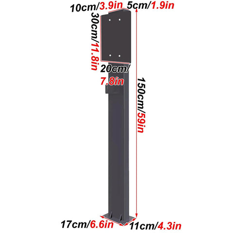Hella Tough Ev Charger Pedestal Stand dimensions showing height 150cm and width measurements, heavy duty floor mount for electric vehicles.