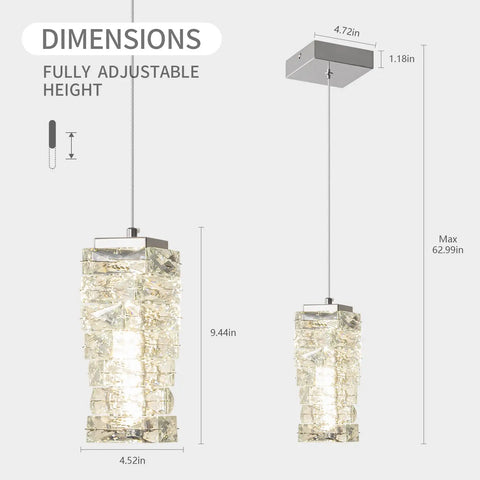 Gold Modern Crystal Pendant Light Fixture with dimensions, 62.9in adjustable cord, 1 light chandelier, kitchen and dining use, max height shown