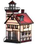 Lorain Lighthouse Tiffany Style Stained Glass Accent Table Lamp Night Light For Home Decor, Red Glass Glow With Warm White Finish