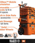 MODbox Mobile Workstation with handle, side rails, and storage compartments; features 10-inch rubber wheels for portability.