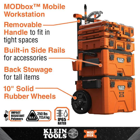 MODbox Mobile Workstation with handle, side rails, and storage compartments; features 10-inch rubber wheels for portability.