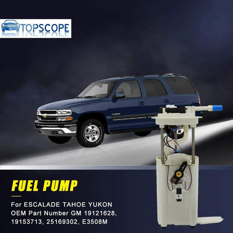 E3508M Fuel Pump And Sending Unit Replacement for Escalade Tahoe Yukon with image of SUV and fuel pump module