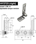 Technical diagram of 304 Stainless Steel Adjustable Torque Hinge For Equipment Positioning Industrial Pivot Heavy Duty Furniture Hinge 0.4 To 2.5 Torque Range Pro Grade DIY Woodworking A14, showing dimensions and torque range.
