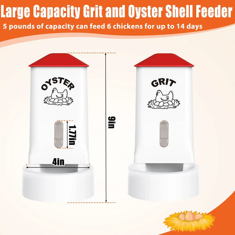 Heavy Duty 2 Pack Poultry Grit And Oyster Shell Feeder With Clear Viewing Window And Quick Drainage Holes, 9in tall, for 6 chickens