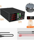 Programmable USB Adjustable DC Laboratory Power Supply with Switching Regulation 0 to 60V Output and 0 to 10A Capacity Bench Power Supply for PCB Repair Electronics Lab DIY Projects Pro Grade Gear with Precise Readouts and Keyboard Lock, shown with cables and dimensions.