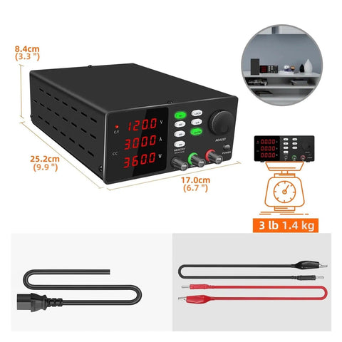 USB Programmable DC Bench Top Power Supply Pro Grade Adjustable 0-60V 0-10A and 0-30V 5A, shown with cables and dimensions.