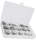 Open box of 400 Pieces Stainless Steel E Clip Retaining Assortment Kit With Sizes From 1.5mm To 15mm For Bearings Gears Pulleys And Transmission Shafts