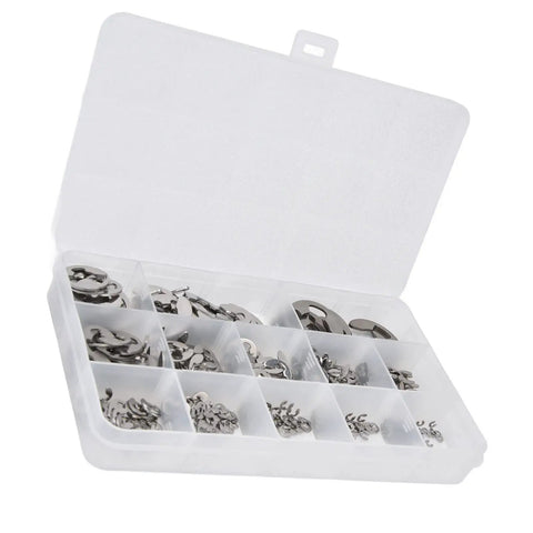 Open box of 400 Pieces Stainless Steel E Clip Retaining Assortment Kit With Sizes From 1.5mm To 15mm For Bearings Gears Pulleys And Transmission Shafts