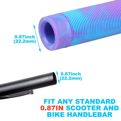 Dope 145mm Soft TPR Scooter Grips With Mixed Color Handlebar Design showcasing fit for standard 22.2mm handlebars.