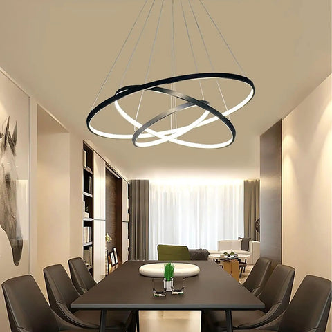 Modern circle ceiling light in dining room, Dope Three Ring Pendant Chandelier For Living Room And Dining Room Modern Circle Ceiling Light Black Finish With White LED Integrated 20 40 60 Cm Bulb Included Clean Circular Design For Any Style, black three-ring 60cm size with LED glow