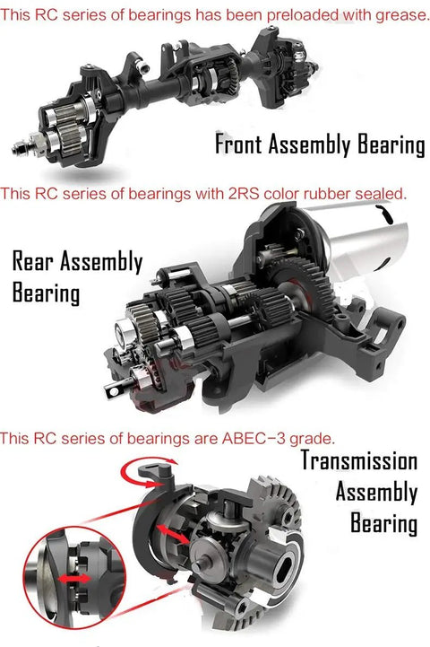 Illustration of RC car components using Top Notch Deep Groove Ball Bearing Pack 6901RS 6702RS 6902RS 6802RS 6803RS 2RS Sealed