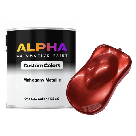 Pro Grade Mahogany Metallic Basecoat And Midcoat Paint in a Solid Gallon Dead Ready to Spray with Quality Reducer next to metallic paint sample.