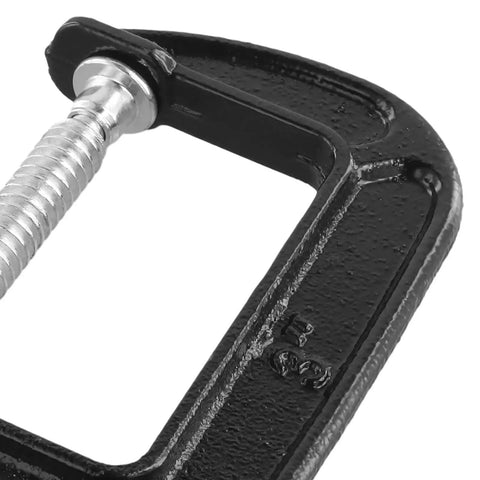 Heavy Duty Black Cast Iron Mini C Clamps Set, 3 Inch Small G Clamps With 90mm Jaw Opening, Ten Pack For Woodworking, Welding, Building Projects And Repairs, Tight Grip Handy For Quick Setups, Durable And Reliable Clamp Collection, black cast iron C clamp close-up