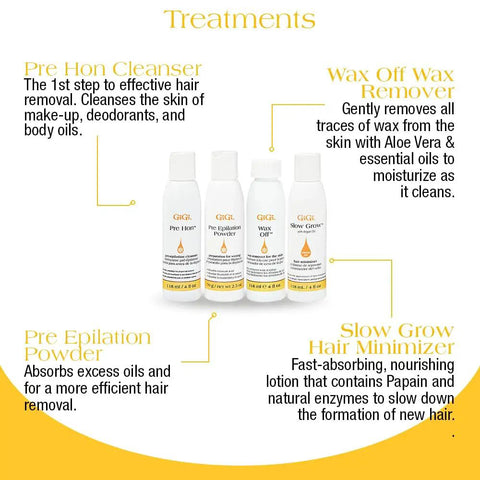 DIY Starter Waxing Kit For Home Or Pro Salon Use with four treatment bottles including Pre Hon Cleanser and Wax Off Wax Remover.