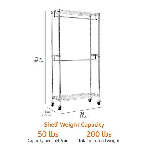 Heavy Duty Chrome Rolling Clothes Rack With Double Hanging Rods And Adjustable Swing Arms Super Roomy Closet Organizer That Rolls Smooth To Keep Your Wardrobe Tidy And Stress Free