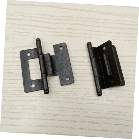 Two black metal cabinet door hinges with mounting plates for kitchen or bathroom cabinets