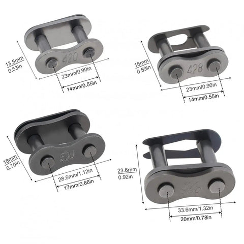 Top Tier 5 Piece Heavy Duty Chain Master Link Kit For 420 And 428 Roller Chains With Quick Install Clip Connectors, showing dimensions.