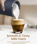 4 In 1 Milk Frother And Steamer For Latte And Cappuccino At Home pouring milk into a cup, creating rich creamy froth