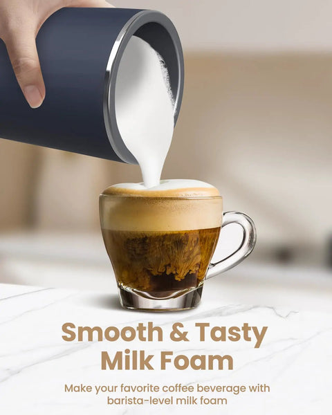4 In 1 Milk Frother And Steamer For Latte And Cappuccino At Home pouring milk into a cup, creating rich creamy froth