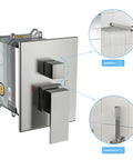 Wall Mounted Square Shower System with Adjustable Flow control valve with brushed nickel finish and settings for rainfall and handheld.
