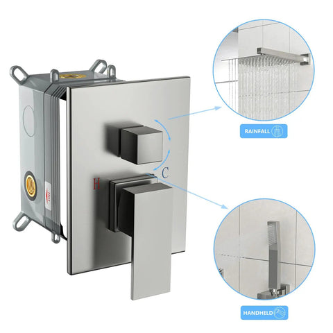 Wall Mounted Square Shower System with Adjustable Flow control valve with brushed nickel finish and settings for rainfall and handheld.