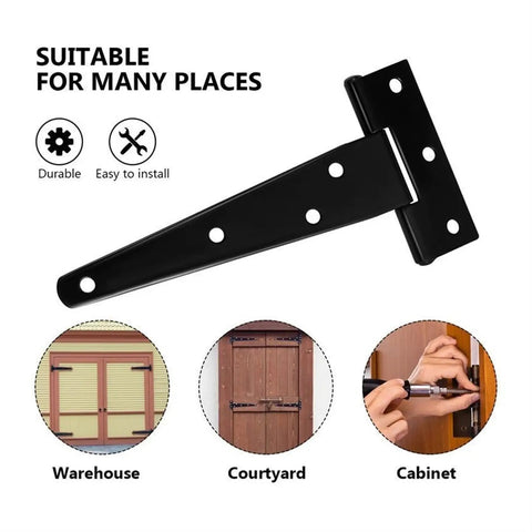 Heavy Duty T Hinges Six Pack Rust Proof Iron Build Solid As A Rock Silent Swivel Glide for cabinet and warehouse doors.