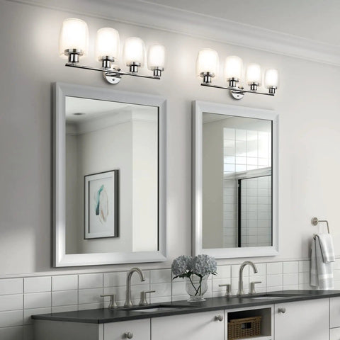 4 Light Chrome Vanity Fixture With Double Layer Anti Glare Glass Shades For Modern Bathroom Wall Sconce Lighting Over Twin Mirrors