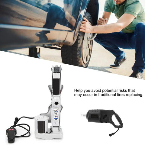 Heavy Duty Electric Floor Jack And Snappy Impact Wrench Tire Lifting Set for easy tire changes next to car on driveway.
