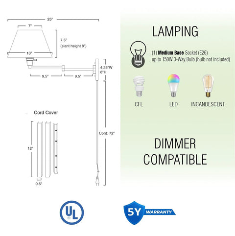 Diagram of 15 Inch Dope Modern Swing Arm Wall Sconce with Opaque Empire Shade, specifications and dimmer compatibility