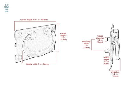 Technical diagram of Mission Drawer Pull 3 Inch (76mm) Barcelona Pewter Finish with measurements and installation details.