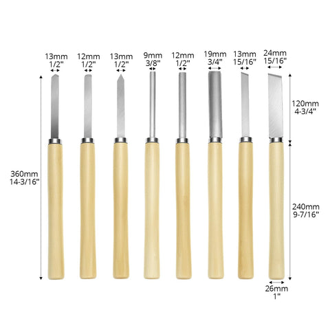 Eight Piece Wood Turning Chisel Set with Lathe Tools, Pro Grade Triple Tempered Chromium Vanadium Steel displayed vertically