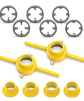 Meanlin 2Pcs Pipe Threader Kit With Npt Die Set For Plumbing Work featuring yellow manual threaders and steel dies.