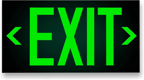 Top Shelf Photoluminescent Exit Sign With Green Directional Arrows UL 924, glowing green EXIT text on dark background.