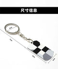 Heavy Duty Aluminum Keychain With Black And White Piano Plate Grid Print Rectangular Steel Keyring Built Tight For Everyday Carry Clean Aesthetic Daily Driver Gift Ready, shown from the side with measurements.
