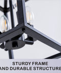 Close-up of black metal frame and bulbs of Farmhouse Lantern Pendant Light for Kitchen Island and Dining Room.