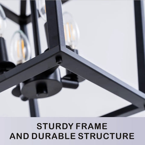 Close-up of black metal frame and bulbs of Farmhouse Lantern Pendant Light for Kitchen Island and Dining Room.