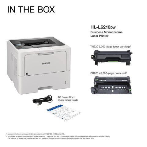 Office Printing Powerhouse Fast 50 Pages Per Minute Monochrome Laser Printer With Wireless Networking And Duplex Auto-Printing Packed With Advanced Security Features For High-Volume Business Tasks, with cables and toner shown