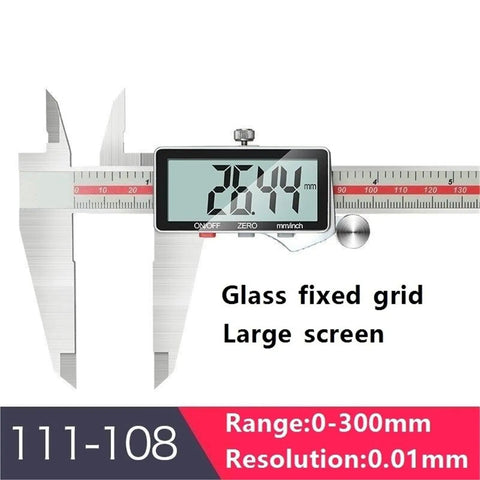 Digital Caliper 0.01mm, Stainless Steel, 0-150/200/300mm with large screen displaying 26.44mm measurement.