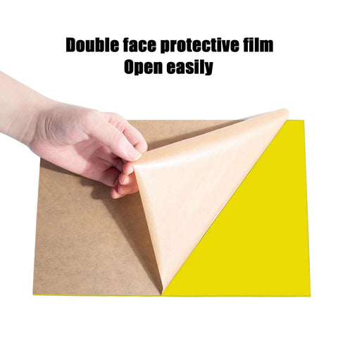 Front view of 8×12 in yellow acrylic sheet, 3 mm thick, protective film being peeled.