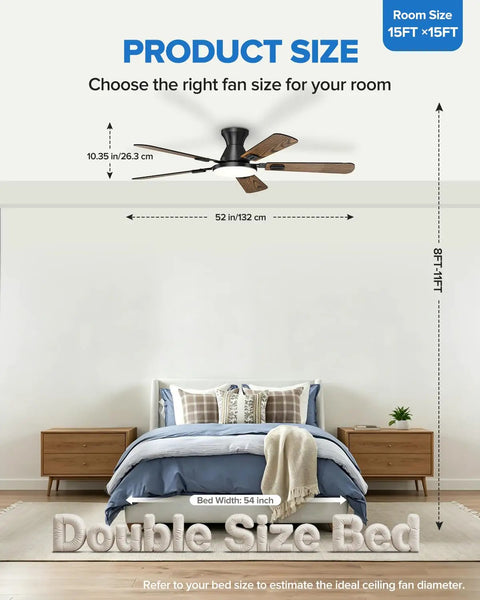 52 Inch Ceiling Fan With Remote Control And Integrated Lighting Flush Mount Style With Real Wood Blades And Matte Black Finish above a double size bed for size reference.