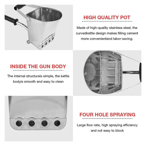 Heavy Duty Portable Pneumatic Cement Mortar Sprayer Featuring Four Hole Nozzle, stainless steel design, and smooth interior for easy maintenance.