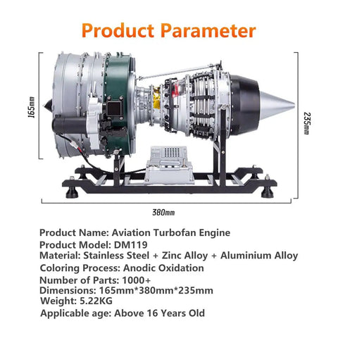 Hands On One Tenth Scale Turbofan Engine Model Kit Twin Spool Electric Jet Engine For DIY Assembly STEM Education Gift For Adults Over 1000 Parts metal side view