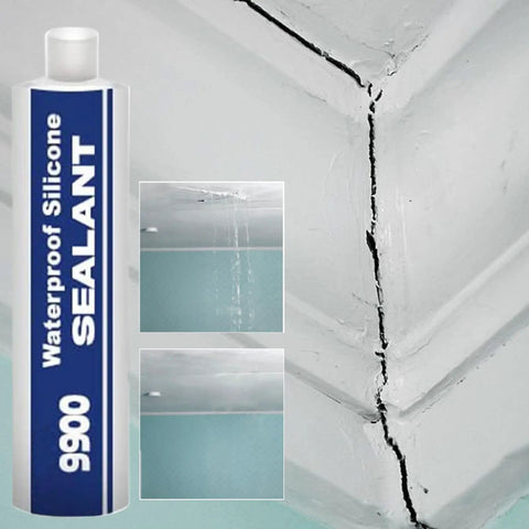 Premium Heavy Duty Waterproof Sealant Adhesive With Advanced Polymer Tech shown next to a crack in ceiling and water leak.