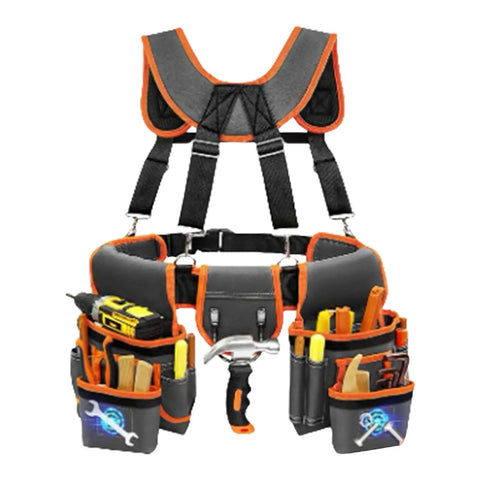 Heavy Duty Tool Belt With Double Layer Padded Suspenders Adjustable Straps Triple Stitched Oxford Fabric with tools.