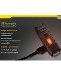 85 Lumens USB Rechargeable Keychain Light charging with visible red power indicator and protective casing